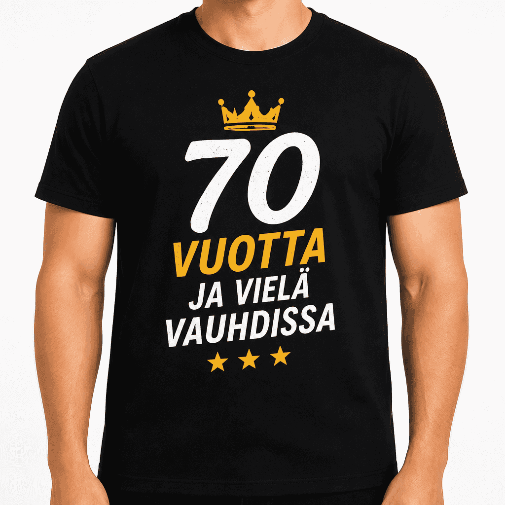 T-paita 70-vuotiaalle â 70 vuotta ja vielĂ€ vauhdissa