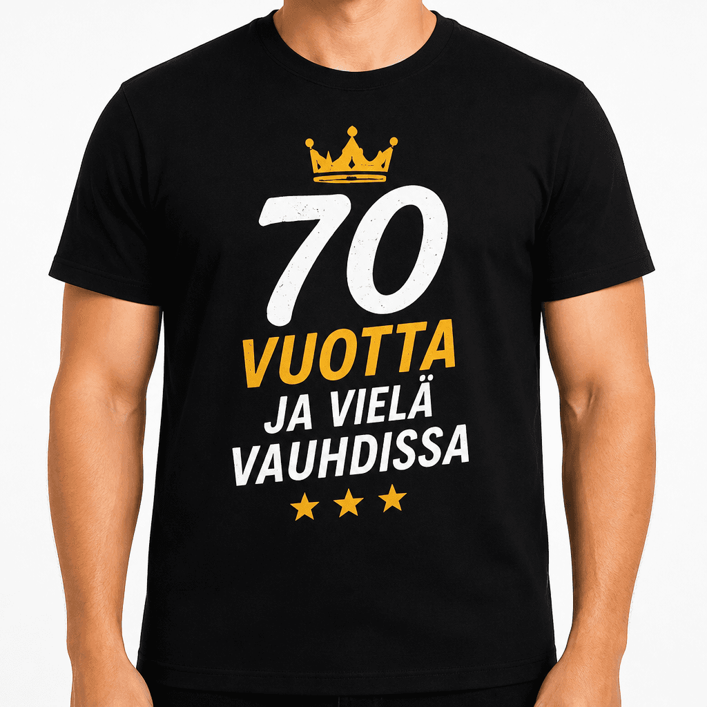 T-paita 70-vuotiaalle – 70 vuotta ja vielä vauhdissa
