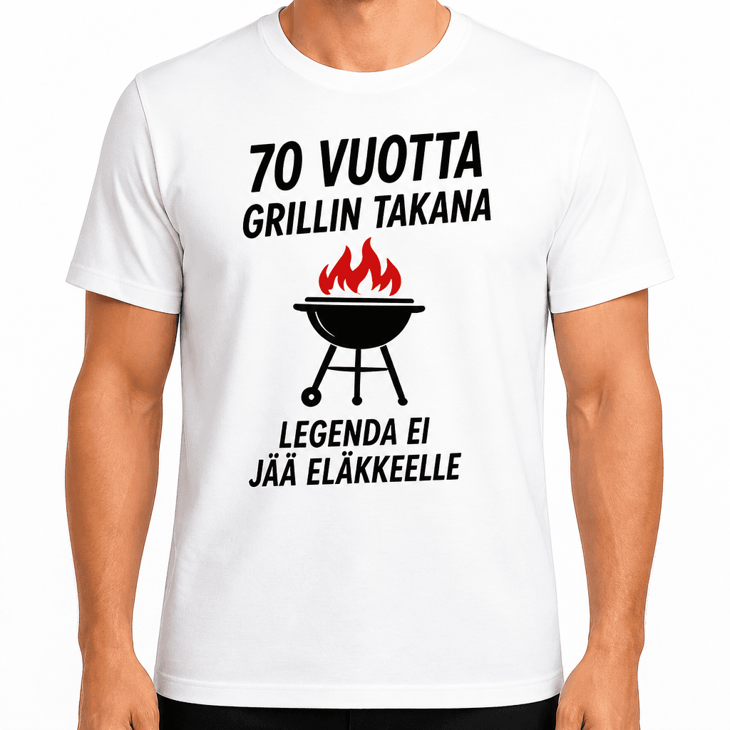 T-paita 70-vuotiaalle – 70 vuotta grillin takana legenda ei jää eläkkeelle