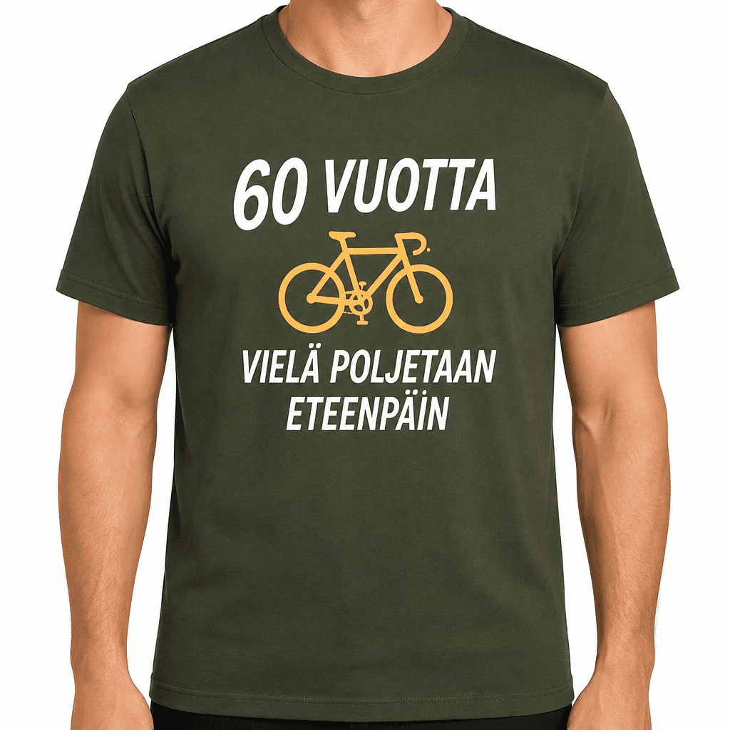 T-paita 60-vuotiaalle – 60 vuotta vielä poljetaan eteenpäin