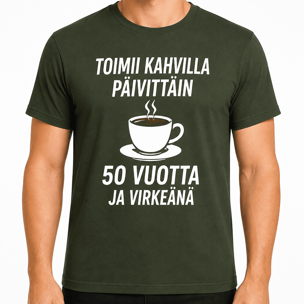 T-paita 50-vuotiaalle – Toimii kahvilla päivittäin 50 vuotta ja virkeänä