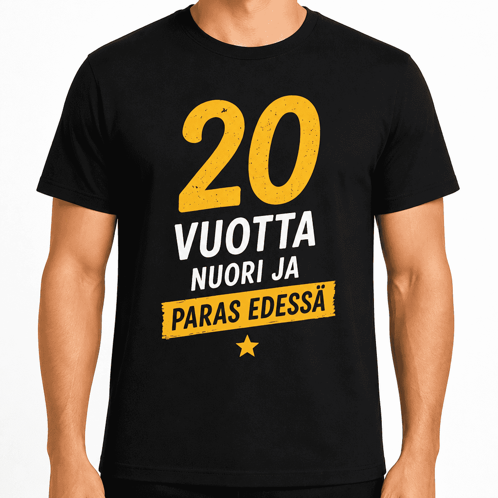 T-paita 20-vuotiaalle – 20 vuotta nuori ja paras edessä