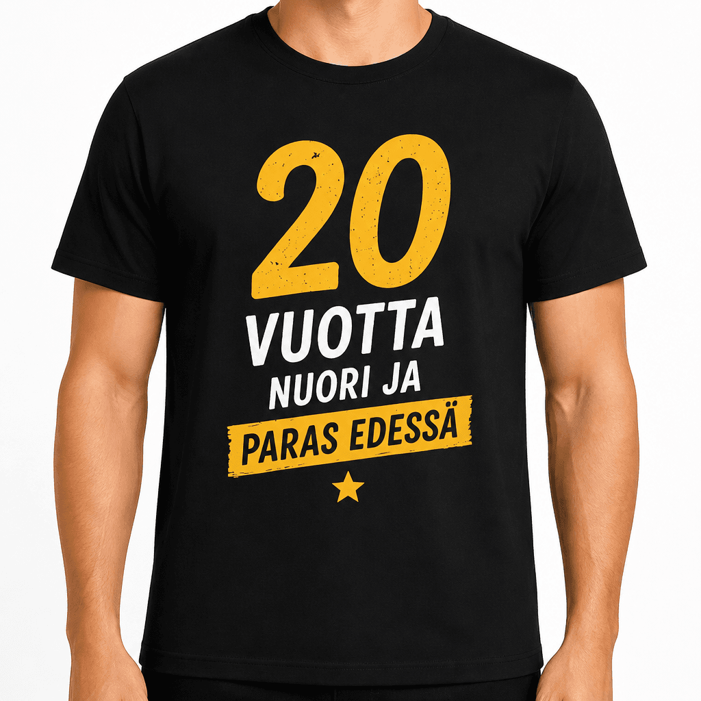 T-paita 20-vuotiaalle – 20 vuotta nuori ja paras edessä