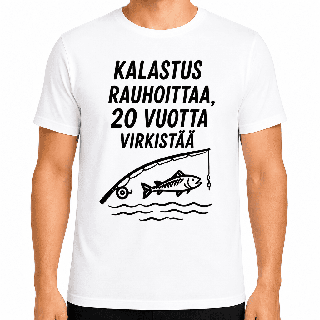 T-paita 20-vuotiaalle – Kalastus rauhoittaa, 20 vuotta virkistää