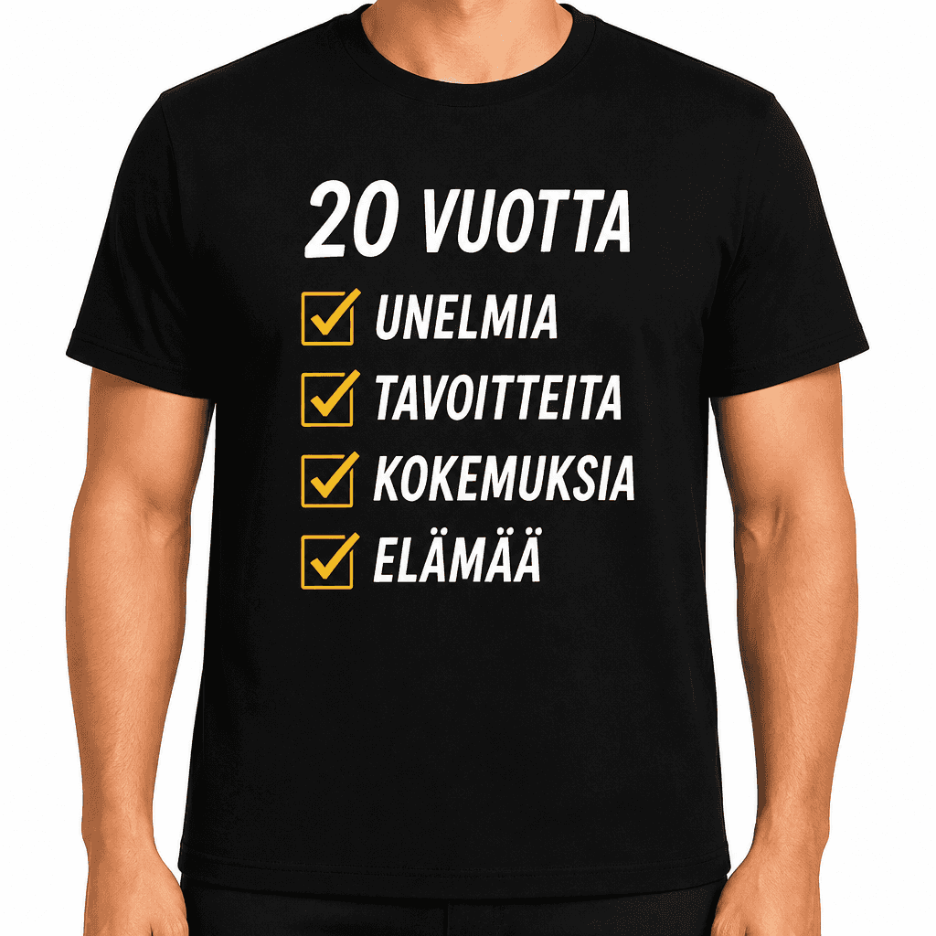 T-paita 20-vuotiaalle – 20 vuotta unelmia tavoitteita kokemuksia elämää