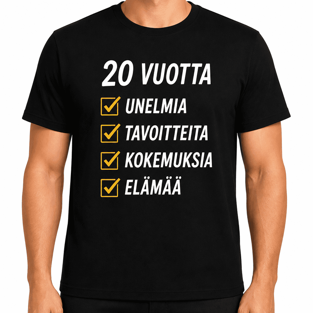T-paita 20-vuotiaalle – 20 vuotta unelmia tavoitteita kokemuksia elämää