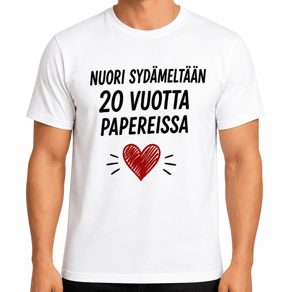T-paita 20-vuotiaalle – Nuori sydämeltään 20 vuotta papereissa