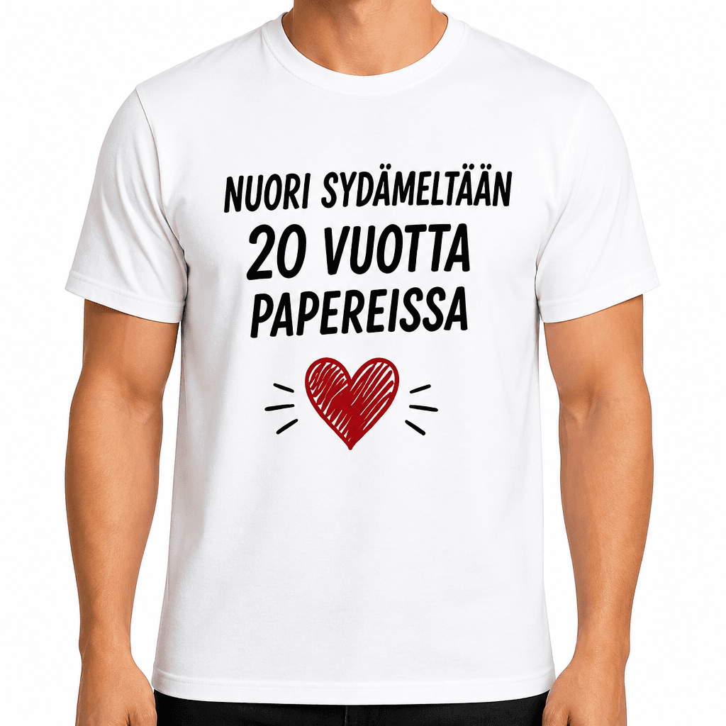 T-paita 20-vuotiaalle – Nuori sydämeltään 20 vuotta papereissa