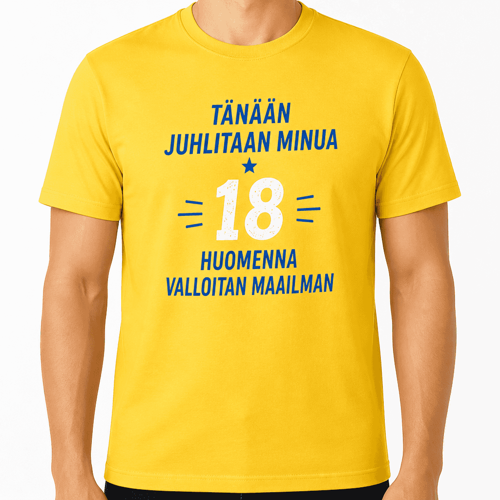 T-paita 18-vuotiaalle – Tänään juhlitaan minua 18 huomenna valloitan maailman