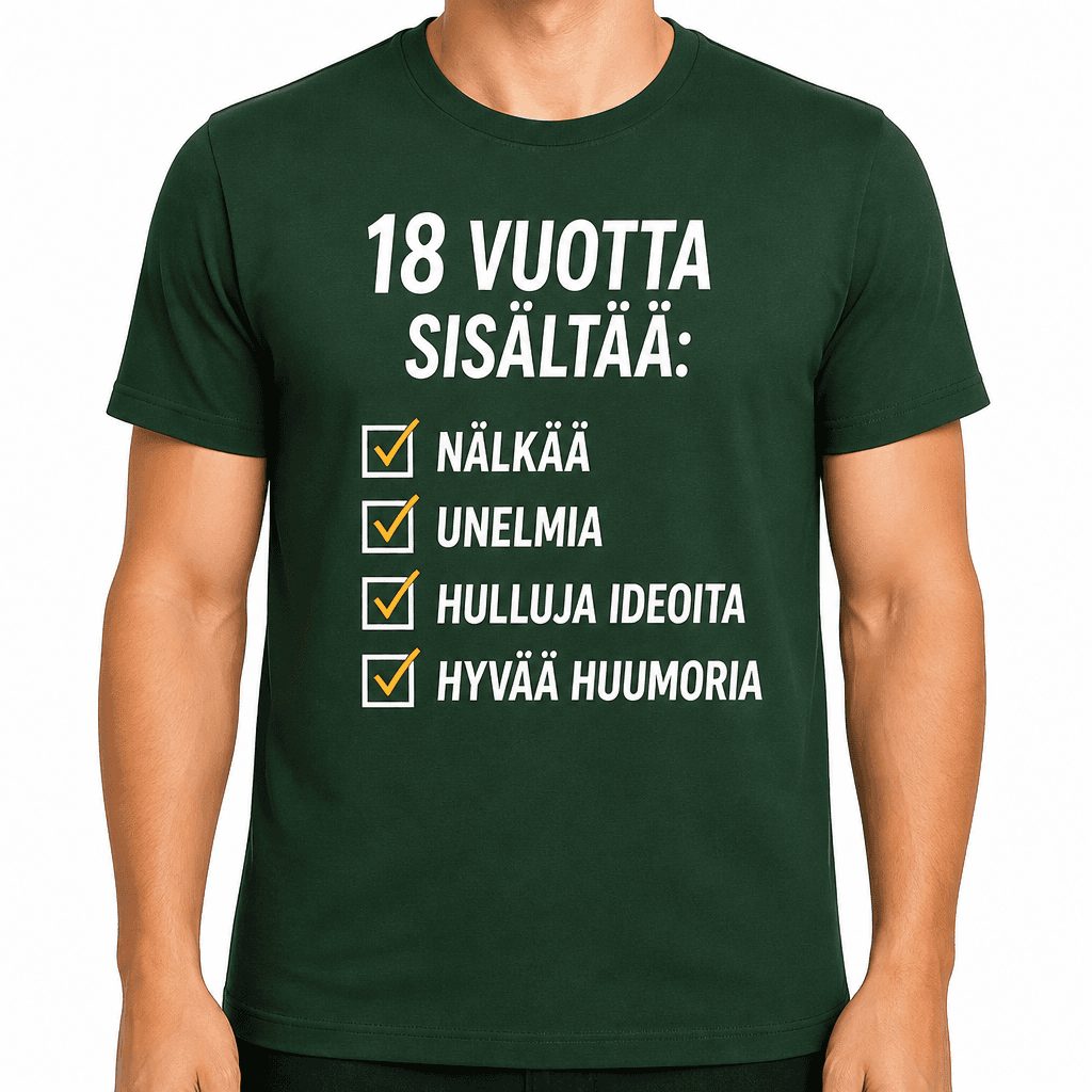 T-paita 18-vuotiaalle – 18 vuotta sisältää: nälkää unelmia hulluja ideoita hyvää huumoria