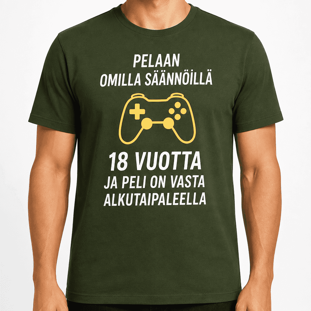 T-paita 18-vuotiaalle – Pelaan omilla säännöillä 18 vuotta ja peli on vasta alkutaipaleella