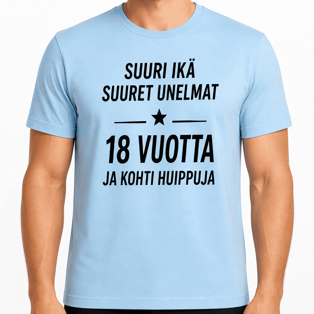 T-paita 18-vuotiaalle – Suuri ikä suuret unelmat 18 vuotta ja kohti huippuja