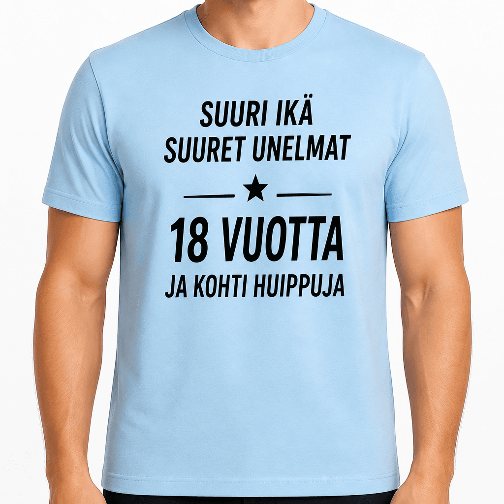 T-paita 18-vuotiaalle – Suuri ikä suuret unelmat 18 vuotta ja kohti huippuja