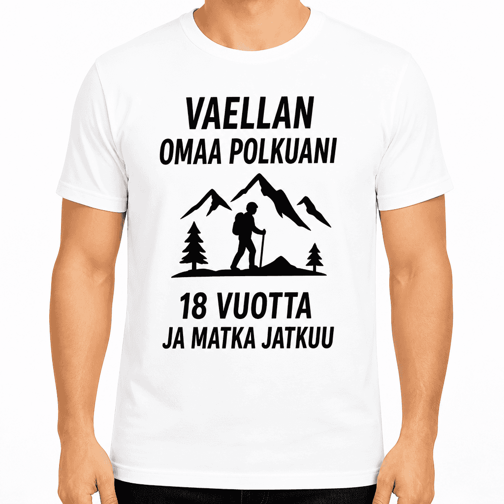 T-paita 18-vuotiaalle – Vaellan omaa polkuani 18 vuotta ja matka jatkuu