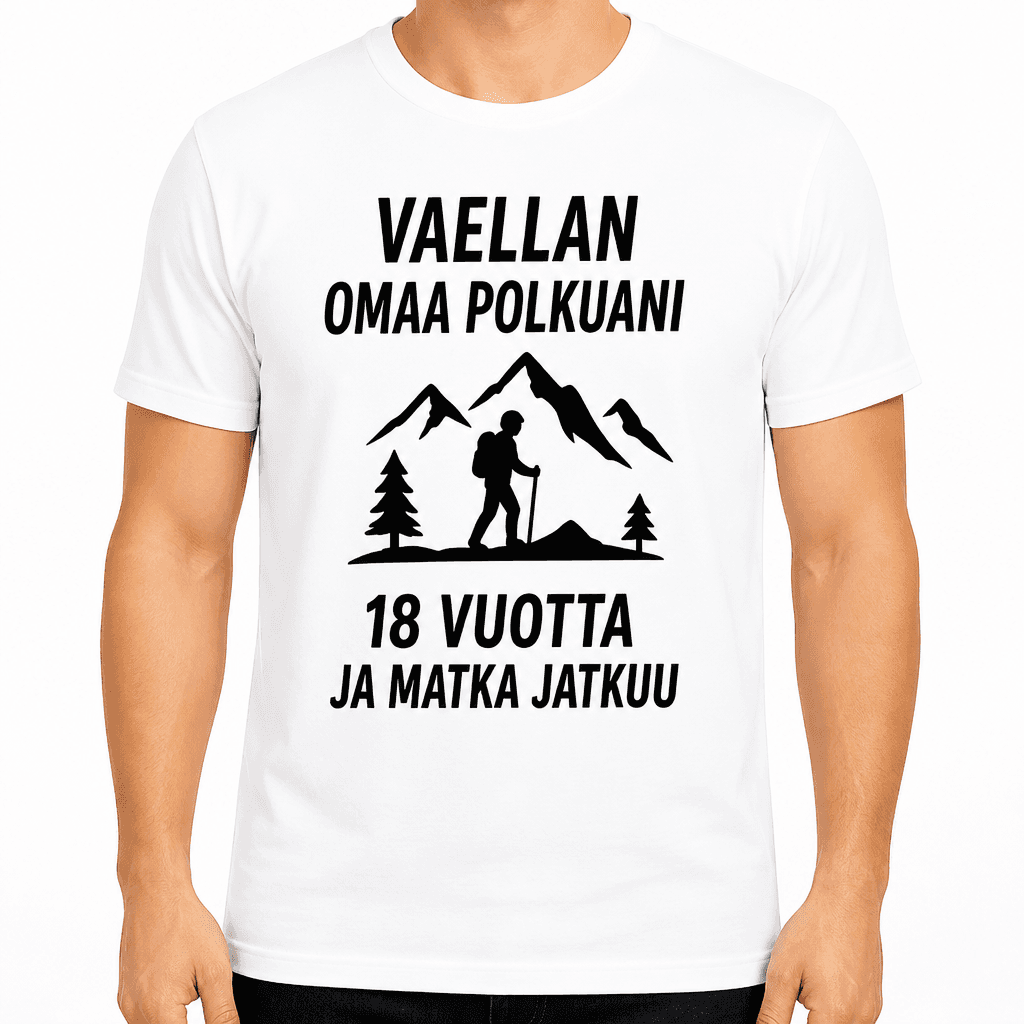 T-paita 18-vuotiaalle – Vaellan omaa polkuani 18 vuotta ja matka jatkuu