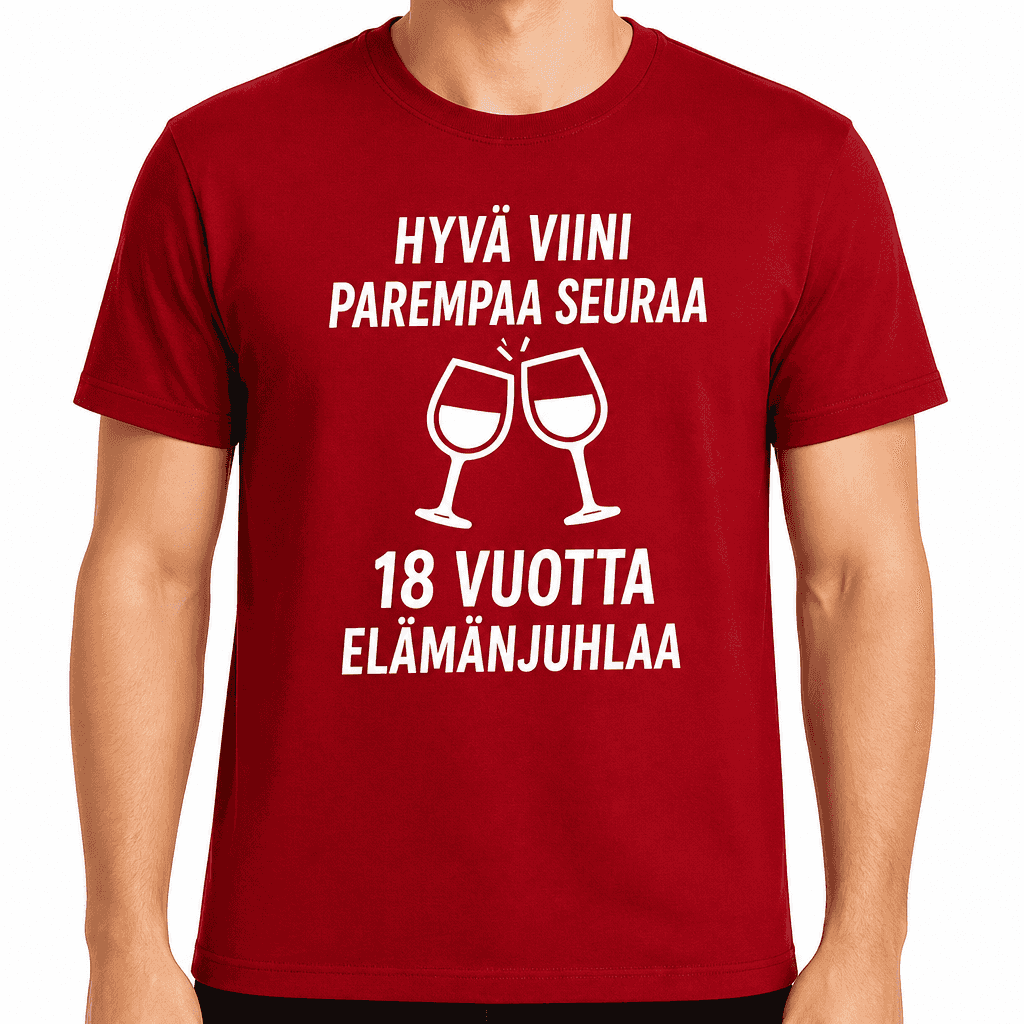 T-paita 18-vuotiaalle – Hyvä viini parempaa seuraa 18 vuotta elämänjuhlaa