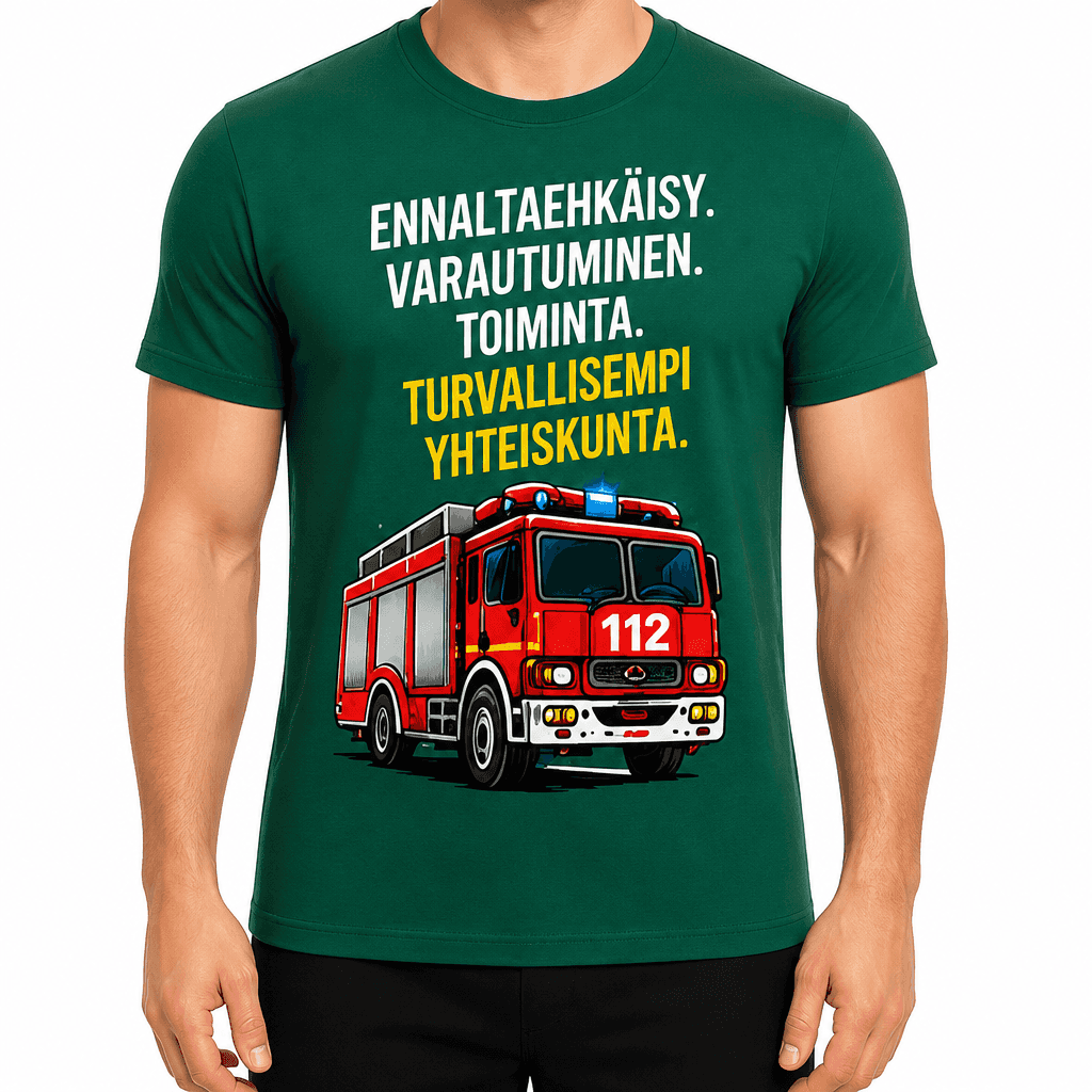 Palomies T-paita â EnnaltaehkĂ€isy. Varautuminen. Toiminta. Turvallisempi yhteiskunta.