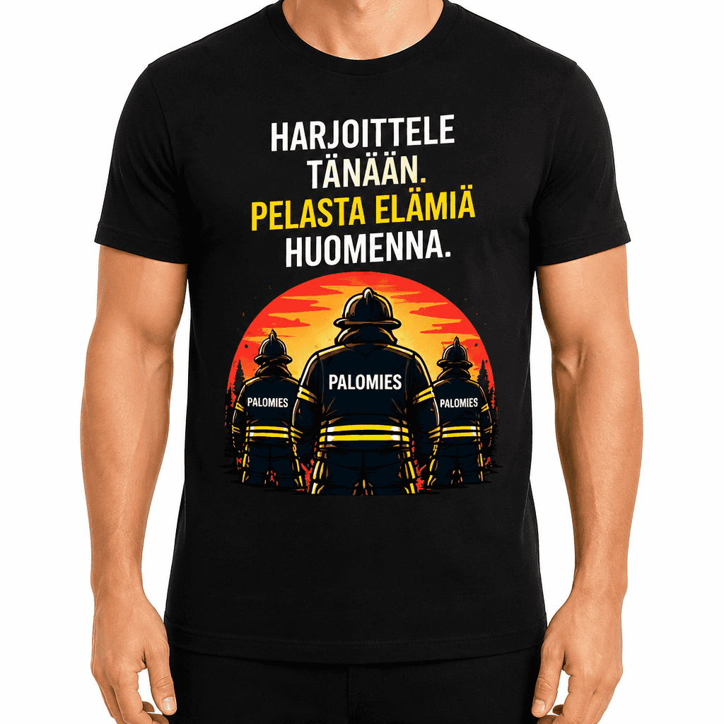 Palomies T-paita â Harjoittele tĂ€nÀÀn. Pelasta elĂ€miĂ€ huomenna.