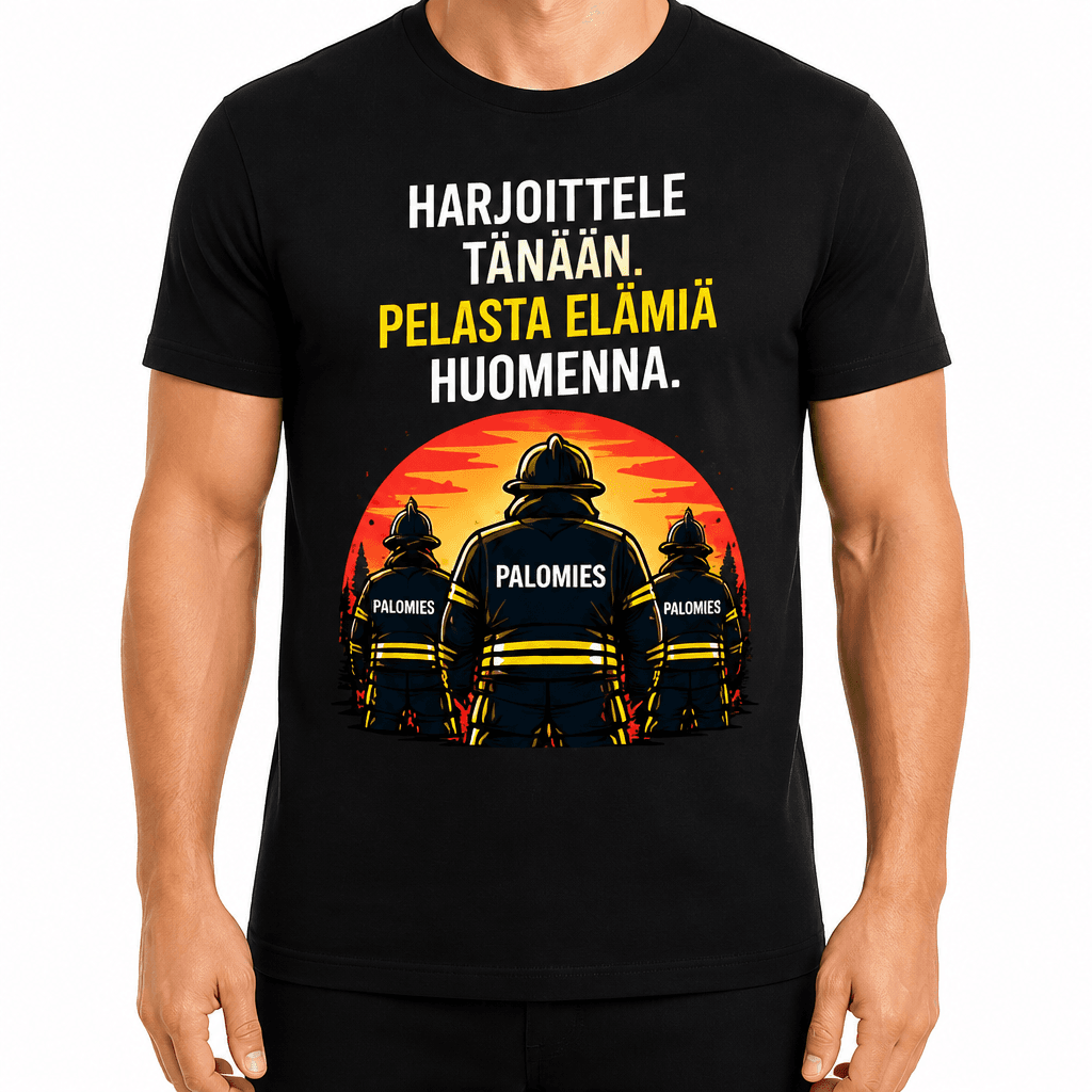 Palomies T-paita – Harjoittele tänään. Pelasta elämiä huomenna.