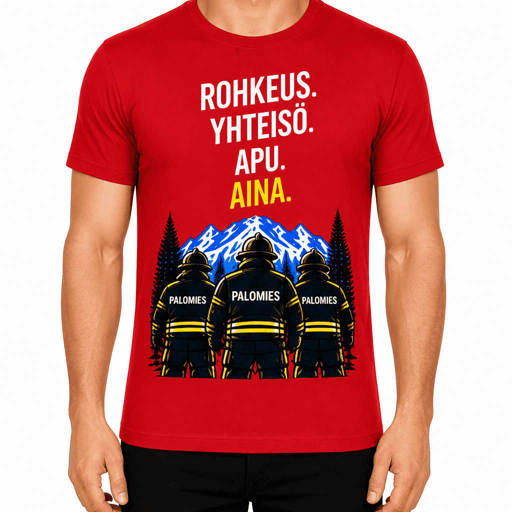 Palomies T-paita â Rohkeus. Yhteisö. Apu. Aina.
