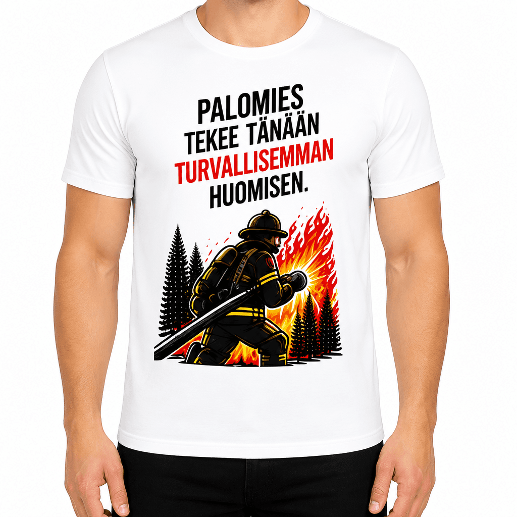 Palomies T-paita – Palomies tekee tänään turvallisemman huomisen.