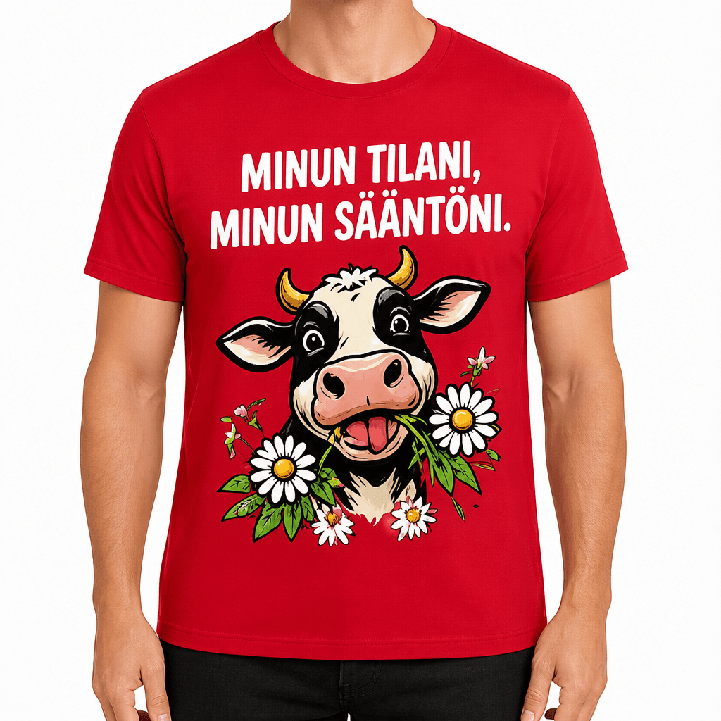 Maatilan T-paita – MINUN TILANI, MINUN SÄÄNTÖNI.