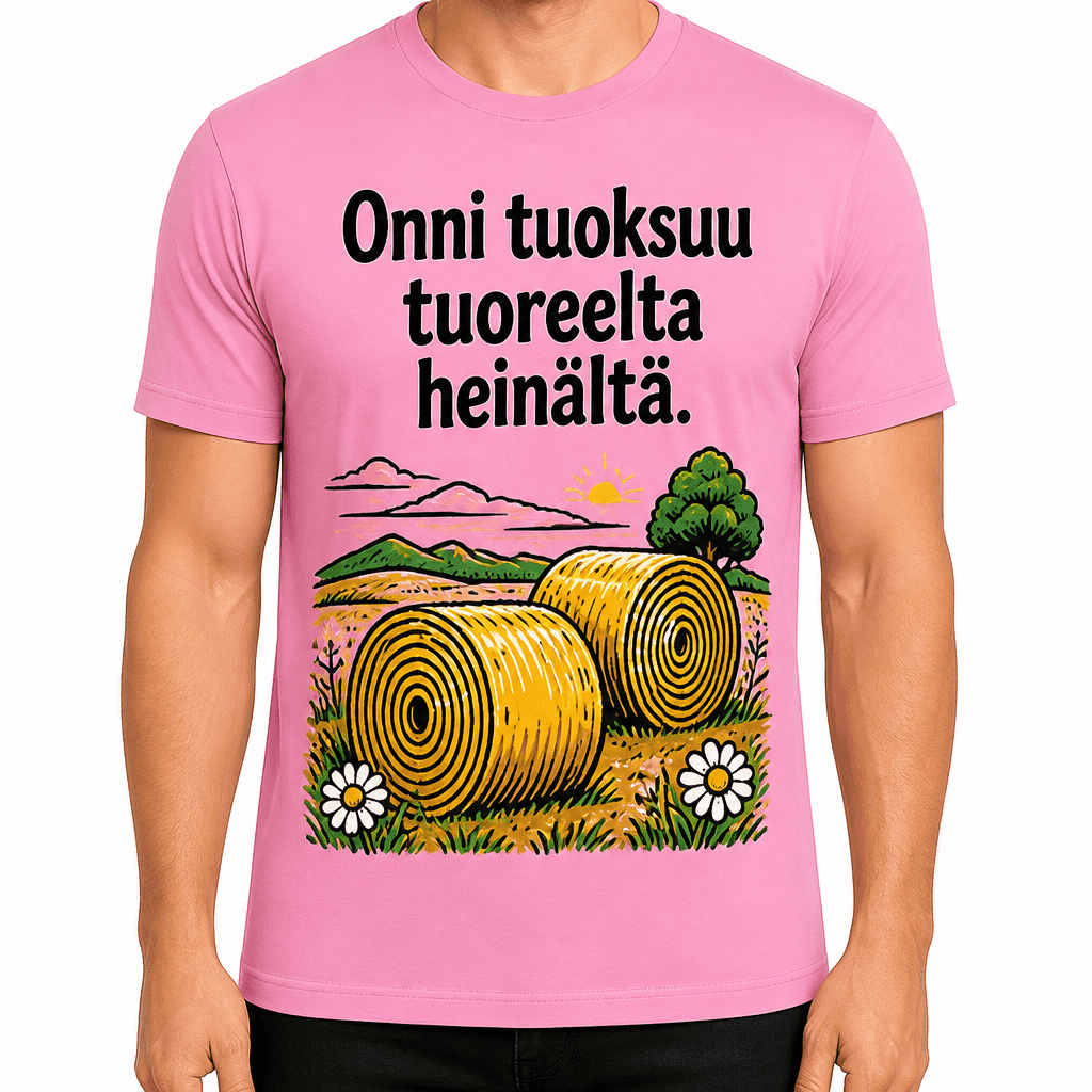 Maatilan T-paita – Onni tuoksuu tuoreelta heinältä.