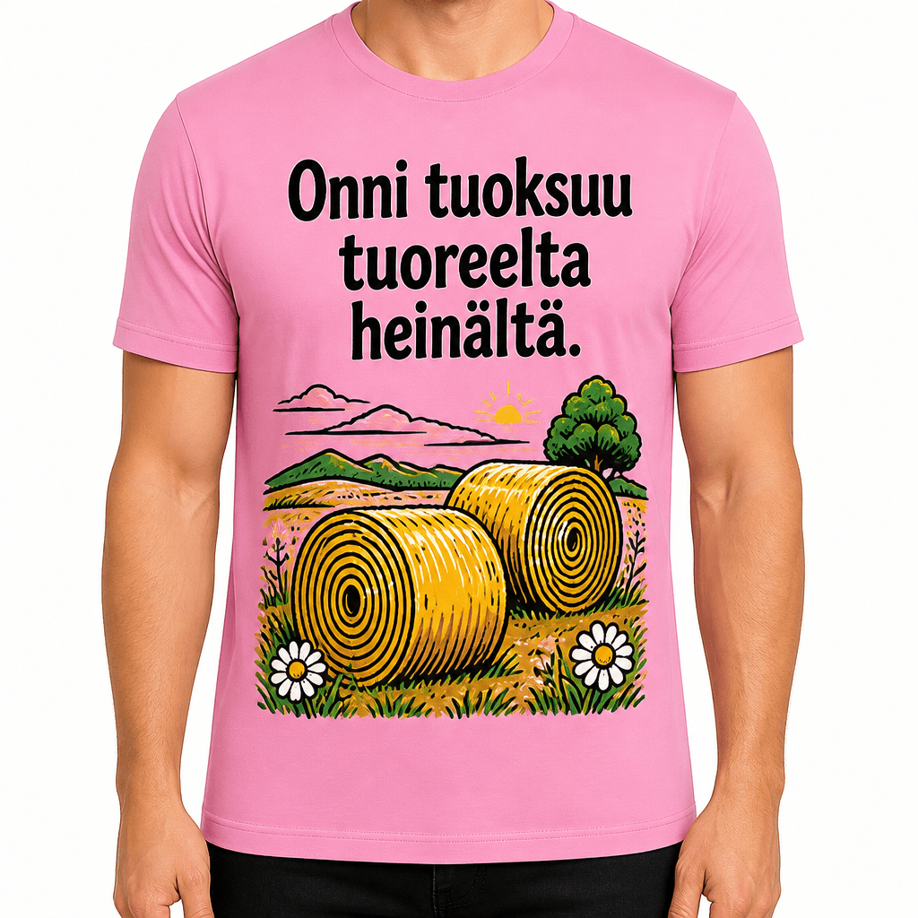 Maatilan T-paita – Onni tuoksuu tuoreelta heinältä.