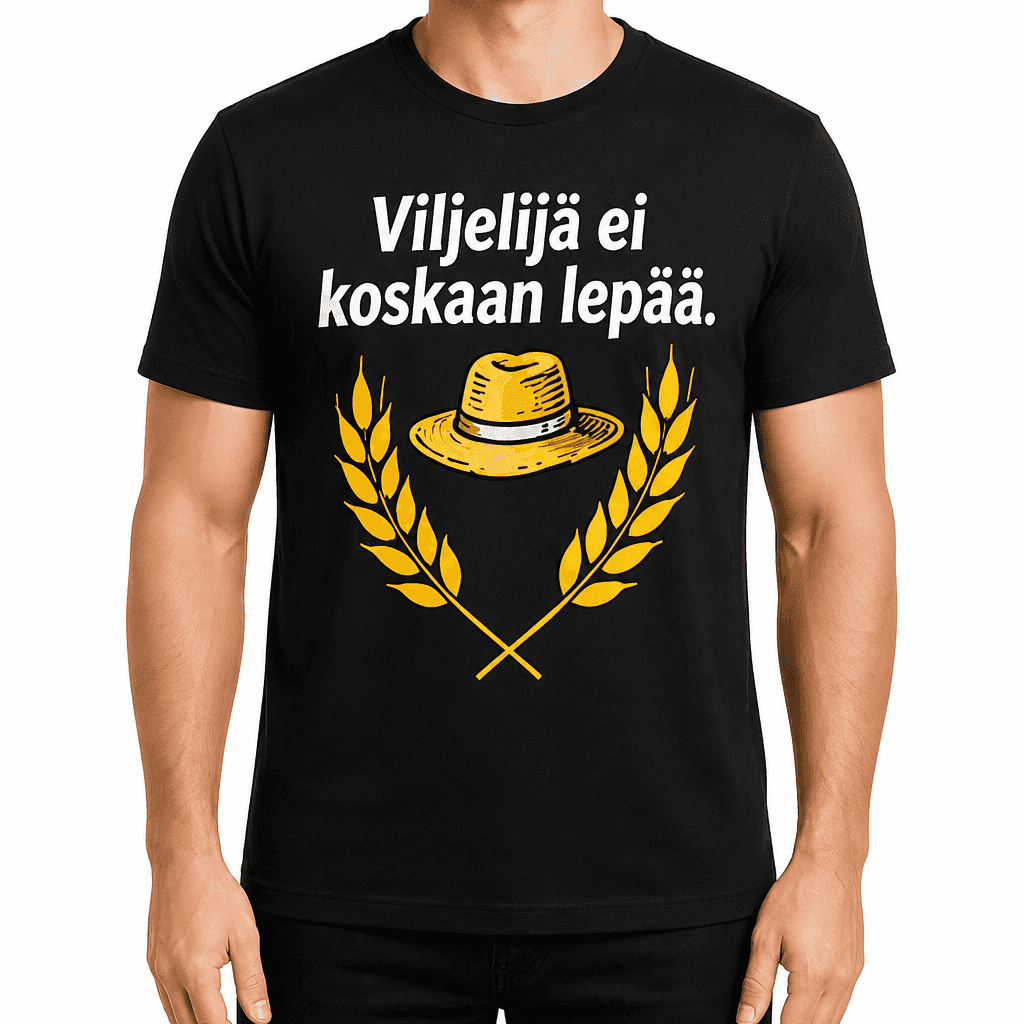 Maatilan T-paita – Viljelijä ei koskaan lepää.