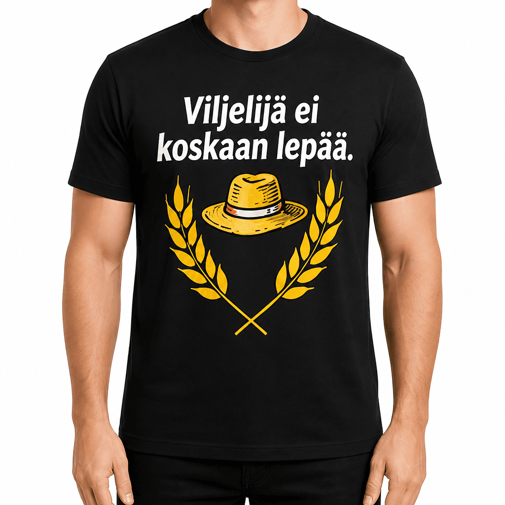 Maatilan T-paita – Viljelijä ei koskaan lepää.