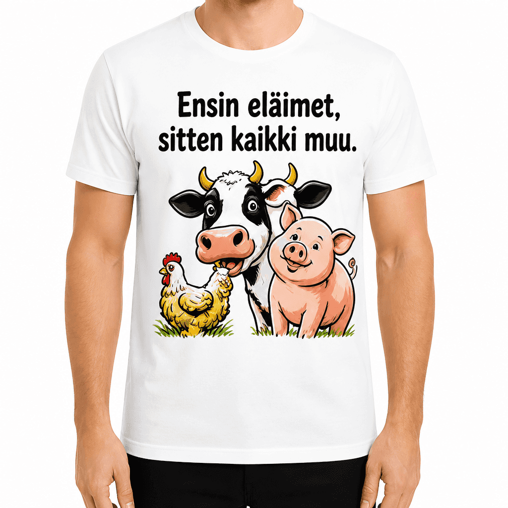 Maatilan T-paita – Ensin eläimet, sitten kaikki muu.