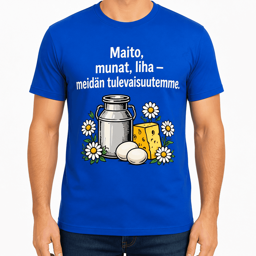 Maatilan T-paita – Maito, munat, liha — meidän tulevaisuutemme.