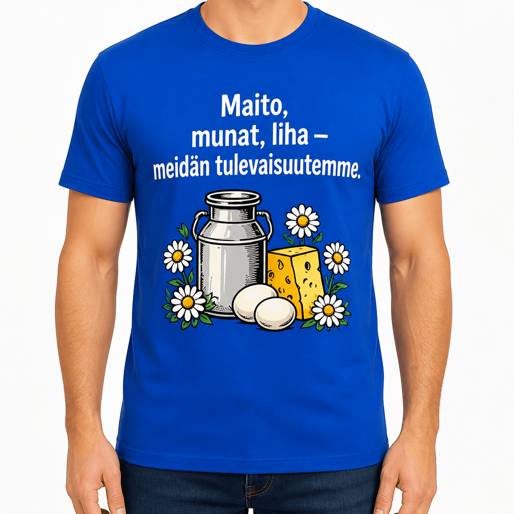 Maatilan T-paita – Maito, munat, liha — meidän tulevaisuutemme.