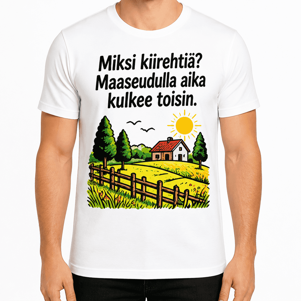 Maatilan T-paita – Miksi kiirehtiä? Maaseudulla aika kulkee toisin.