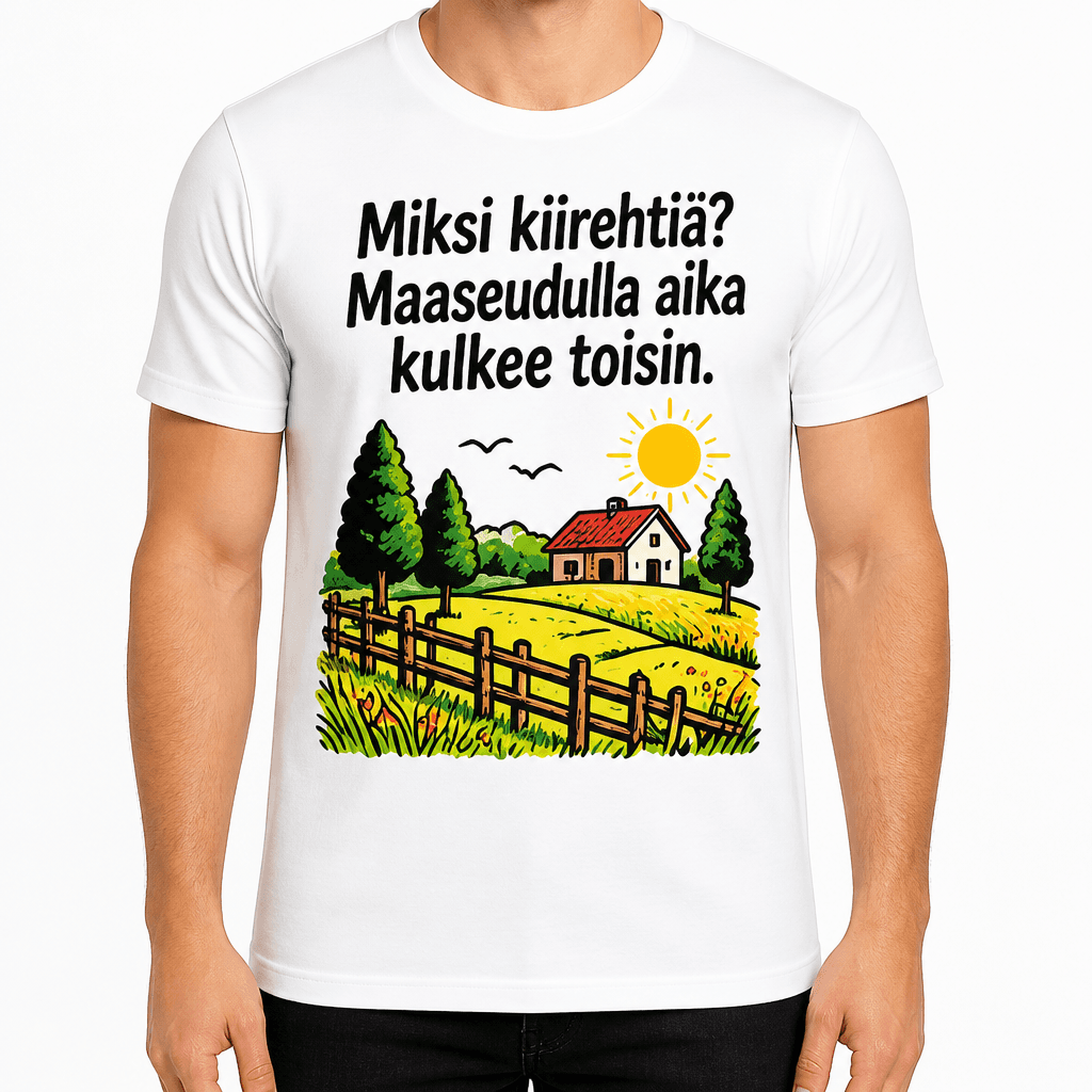 Maatilan T-paita – Miksi kiirehtiä? Maaseudulla aika kulkee toisin.