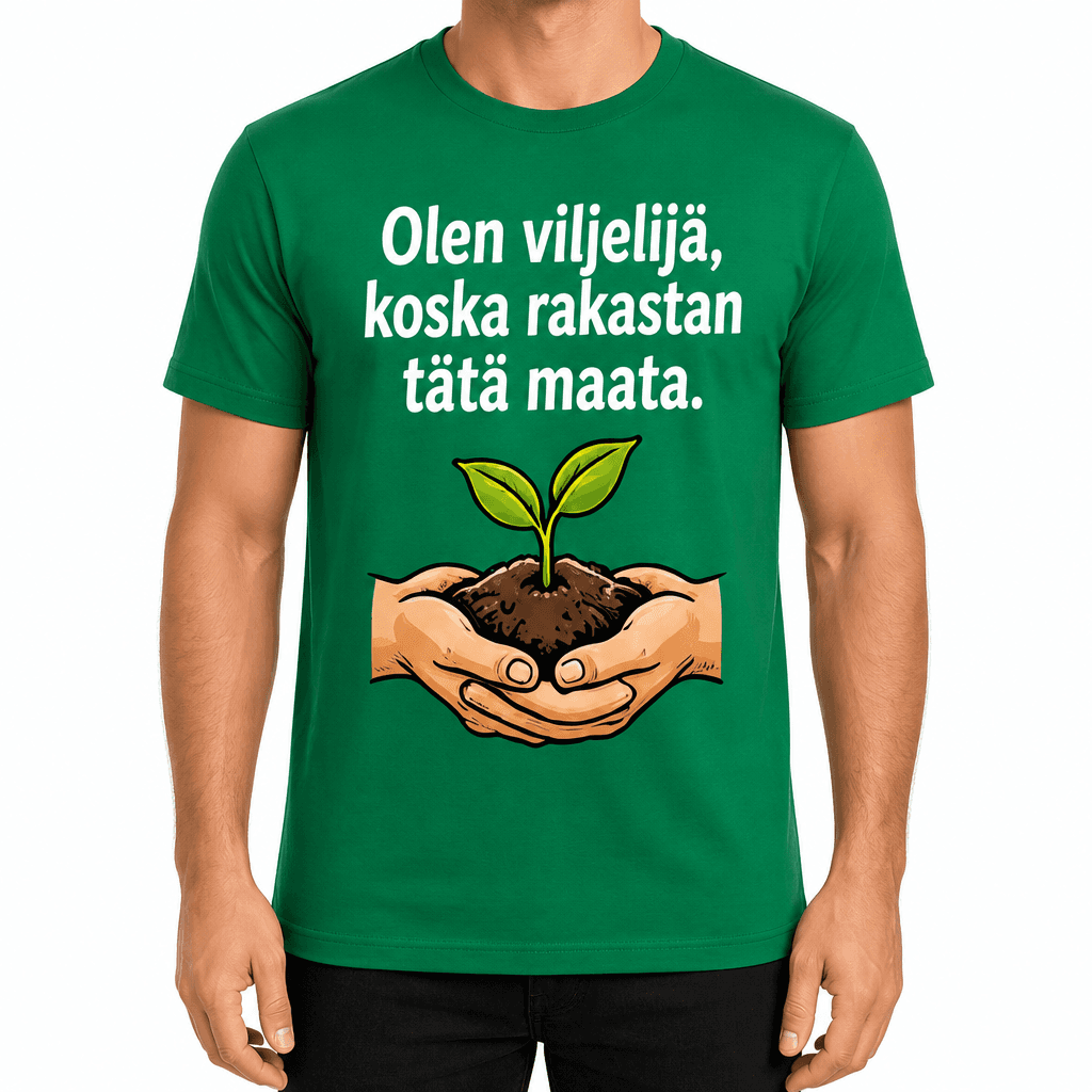Maatilan T-paita – Olen viljelijä, koska rakastan tätä maata.