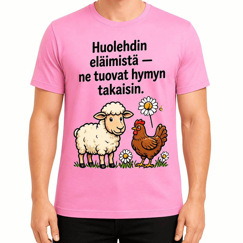 Maatilan T-paita – Huolehdin eläimistä — ne tuovat hymyn takaisin.