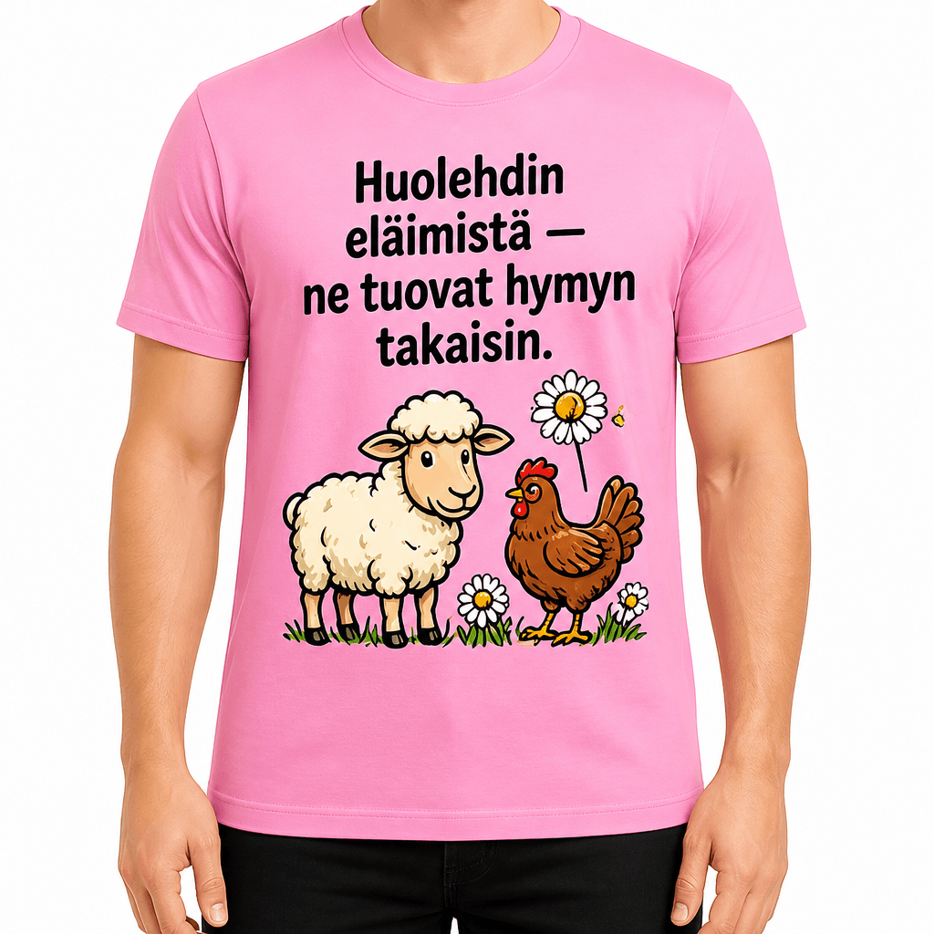 Maatilan T-paita – Huolehdin eläimistä — ne tuovat hymyn takaisin.