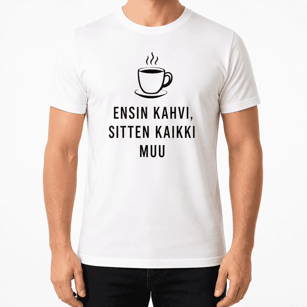 Työkaveri-T-paita – ENSIN KAHVI, SITTEN KAIKKI MUU