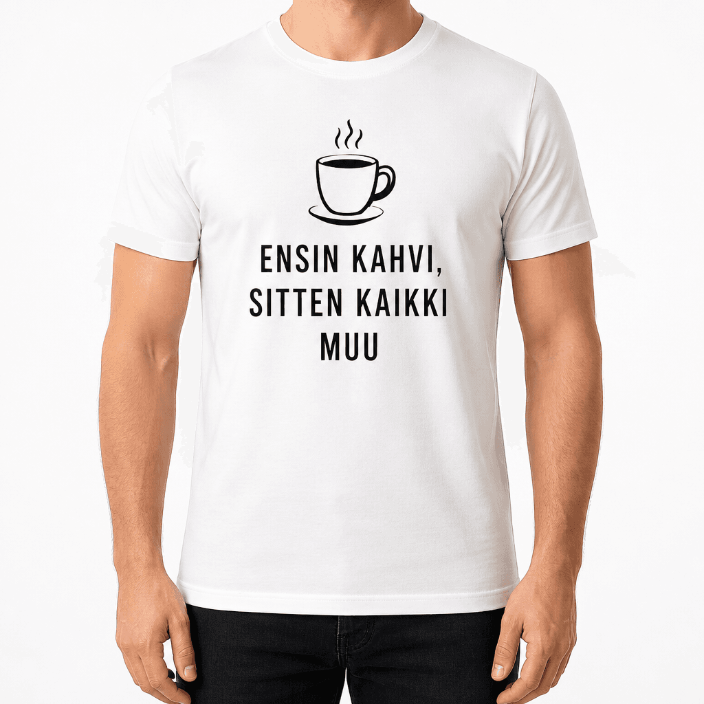 Työkaveri-T-paita – ENSIN KAHVI, SITTEN KAIKKI MUU