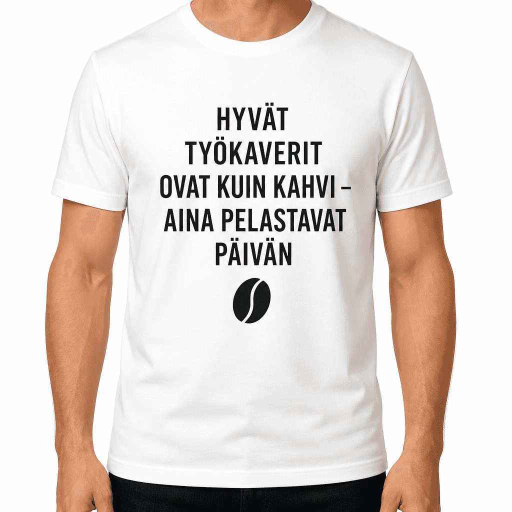 Työkaveri-T-paita – HYVÄT TYÖKAVERIT OVAT KUIN KAHVI – AINA PELASTAVAT PÄIVÄN