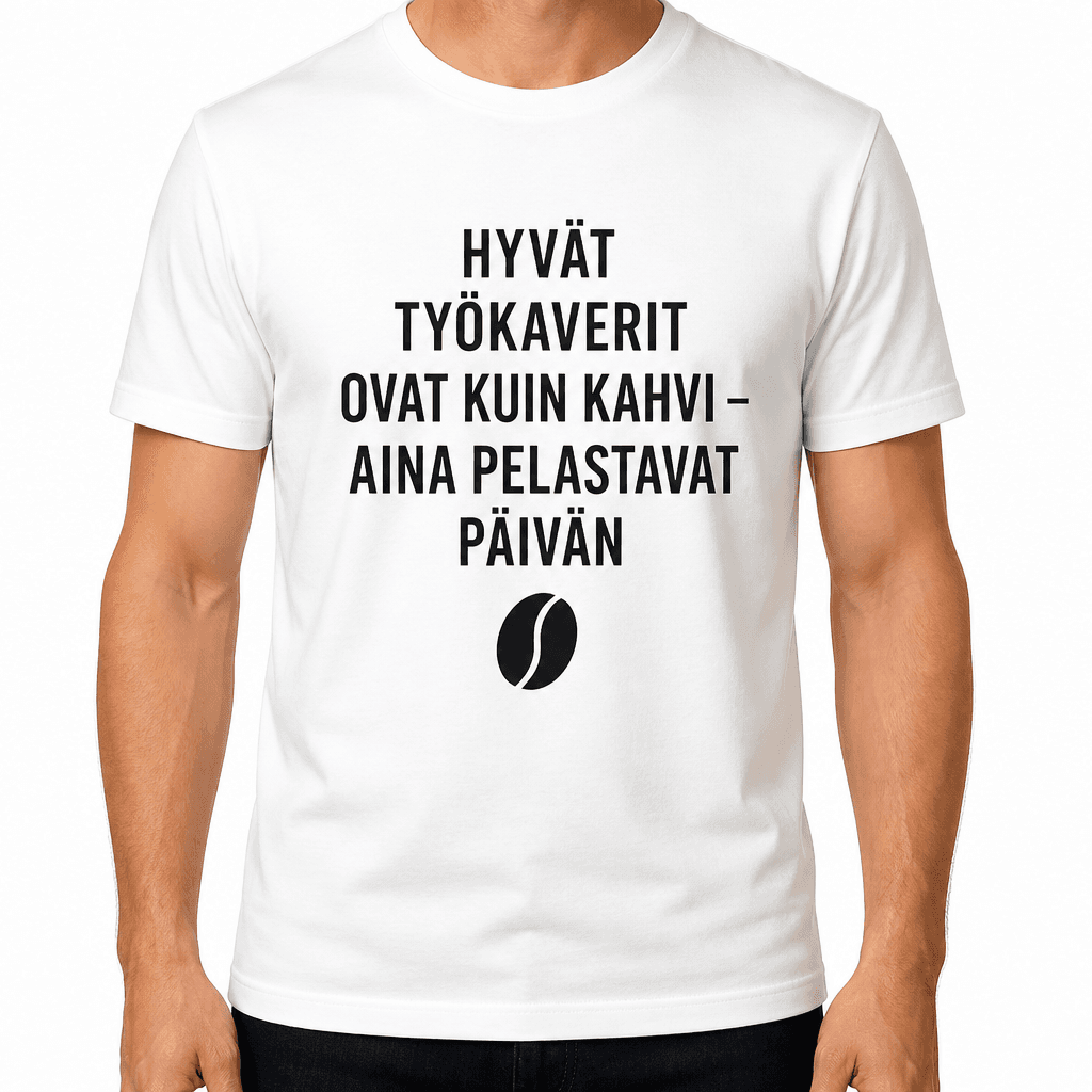 Työkaveri-T-paita – HYVÄT TYÖKAVERIT OVAT KUIN KAHVI – AINA PELASTAVAT PÄIVÄN