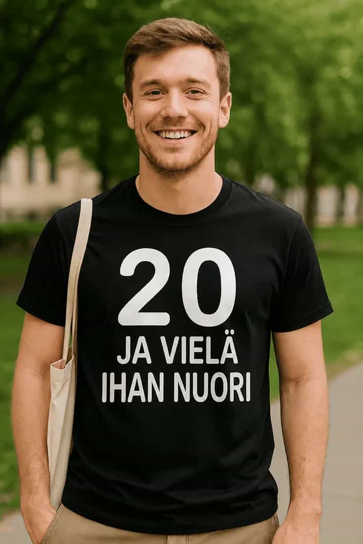 Hauska t-paita 20 ja vielä nuori – 20 JA VIELÄ IHAN NUORI