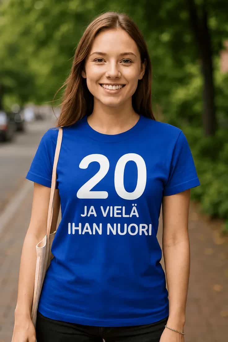 Hauska t-paita 20 ja yhä nuori – 20 JA VIELÄ IHAN NUORI