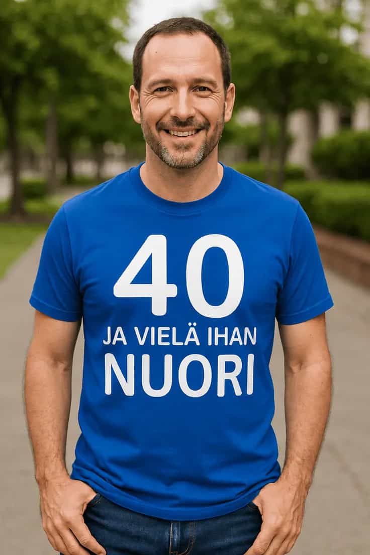 Hauska t-paita 40 ja vielä nuori – 40 JA VIELÄ