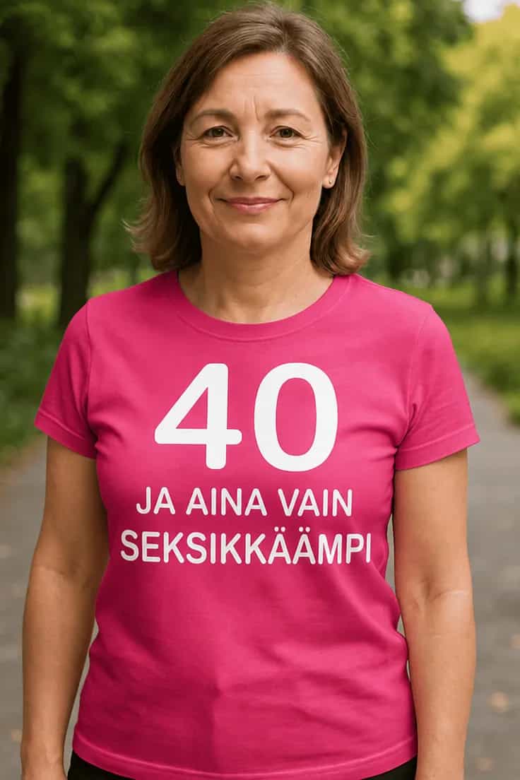 Hauska t-paita 40 ja yhä seksikkäämpi