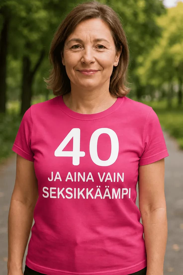 Hauska t-paita 40 ja yhä seksikkäämpi