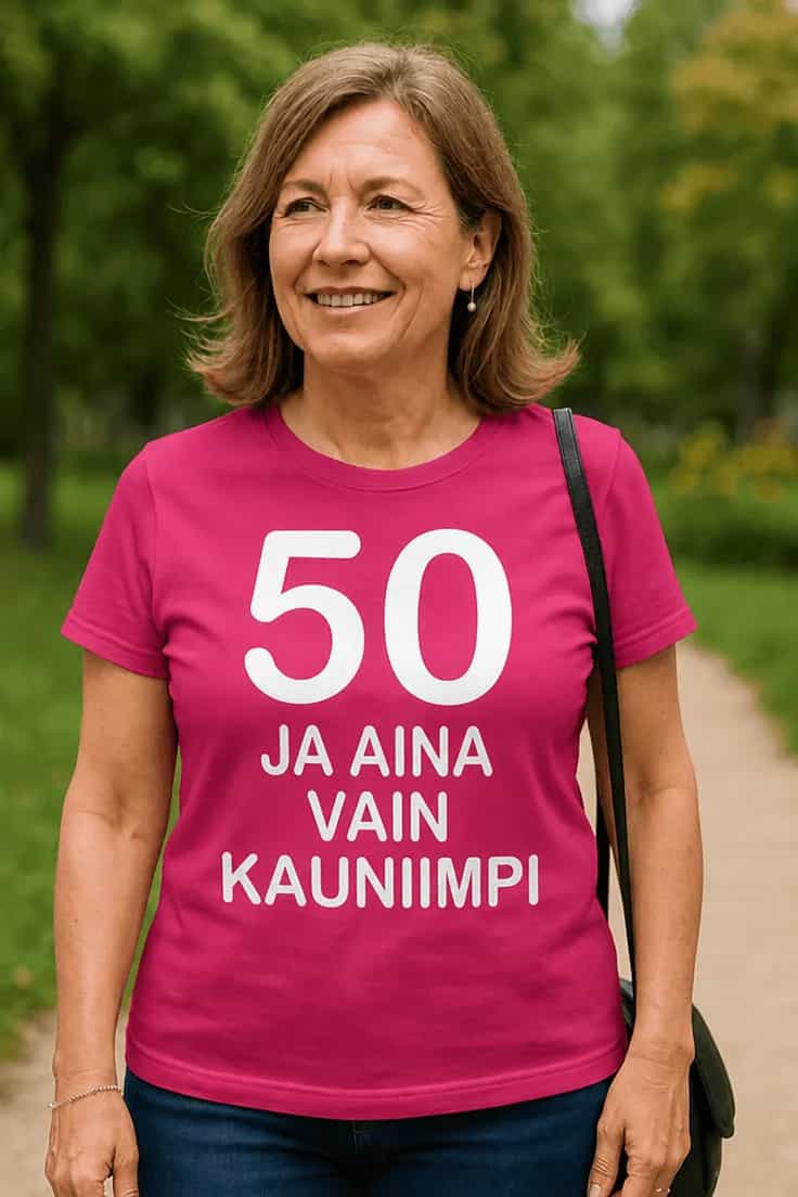 Hauska t-paita 50 ja aina kauniimpi