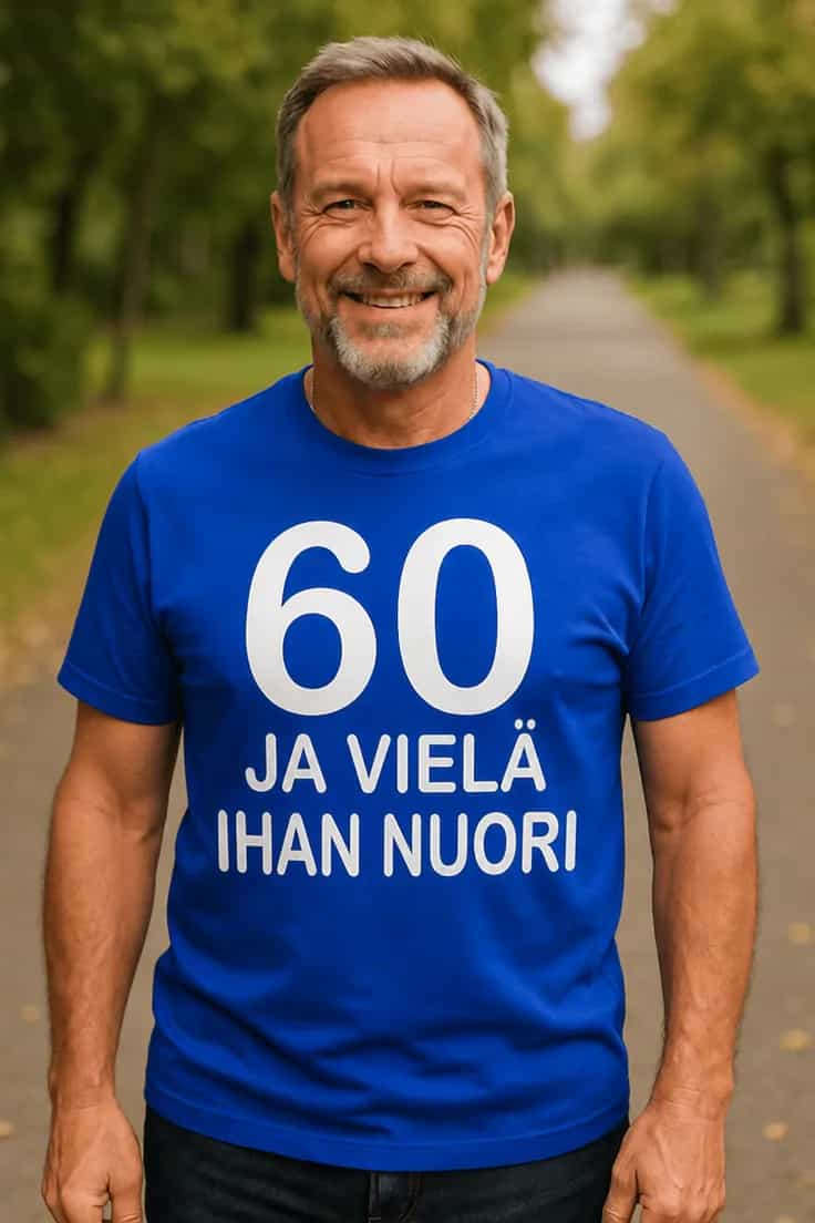 Hauska t-paita 60 ja vielĂ€ nuori â 60 JA VIELĂ IHAN NUORI