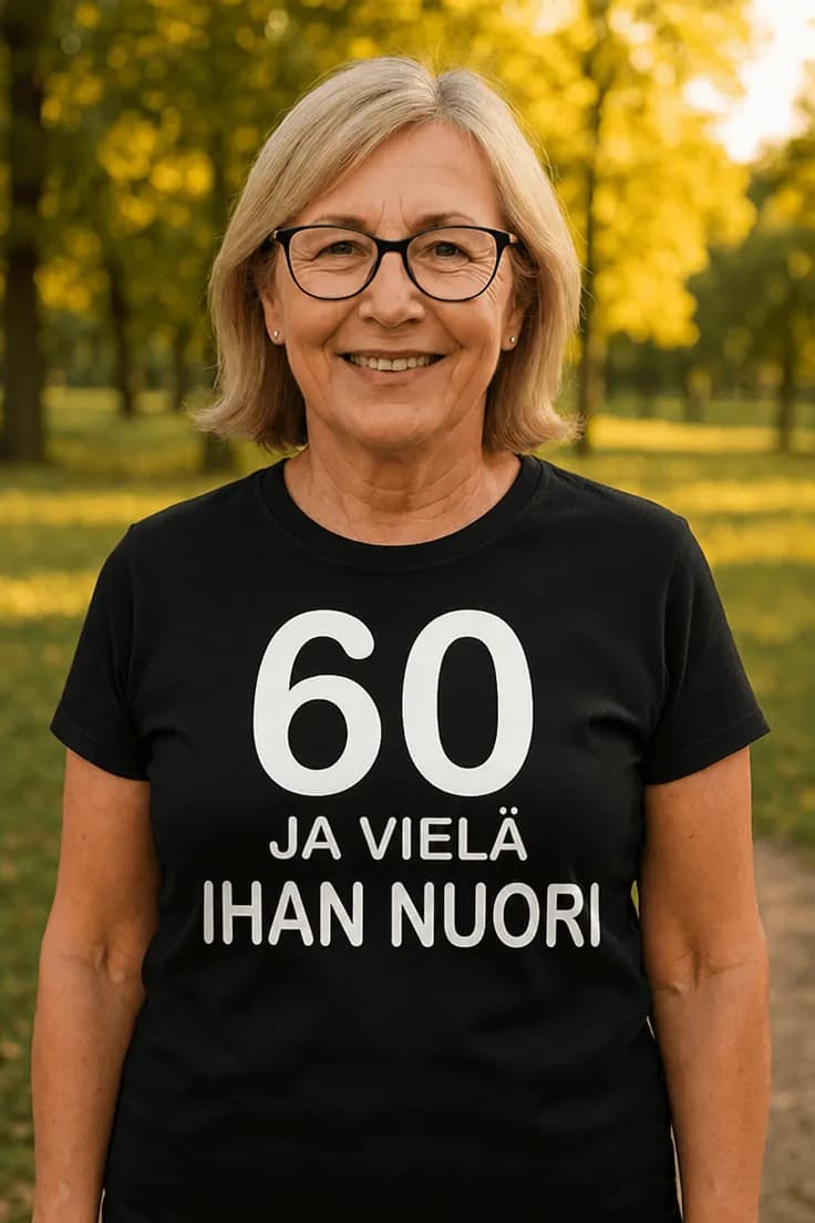 Hauska t-paita 60 ja yhä nuori – 60 JA VIELÄ IHAN NUORI